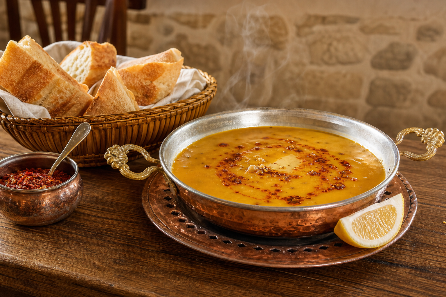 Buharı tüten mercimek çorbası ve sıcak ekmek
