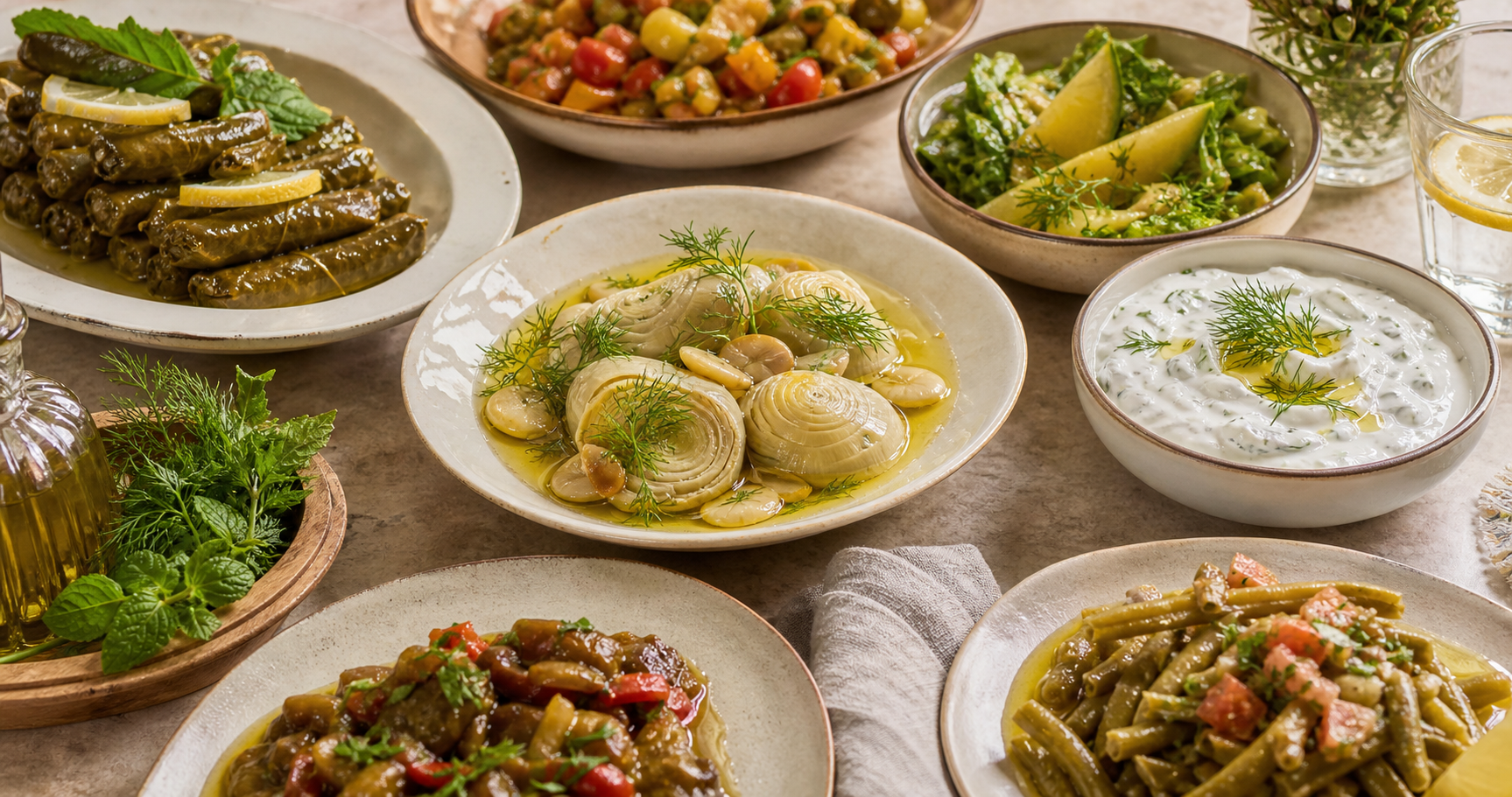 Zeytinyağlı tabaklar ve Akdeniz esintili meze çeşitleri